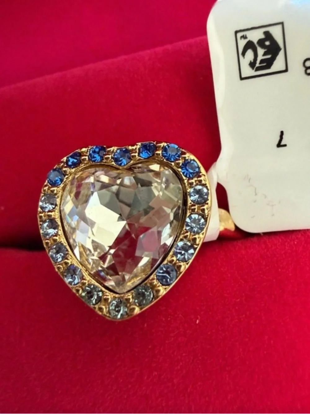 Kurt Geiger Gold-Tone Heart Ring with Clear and Blue Stones